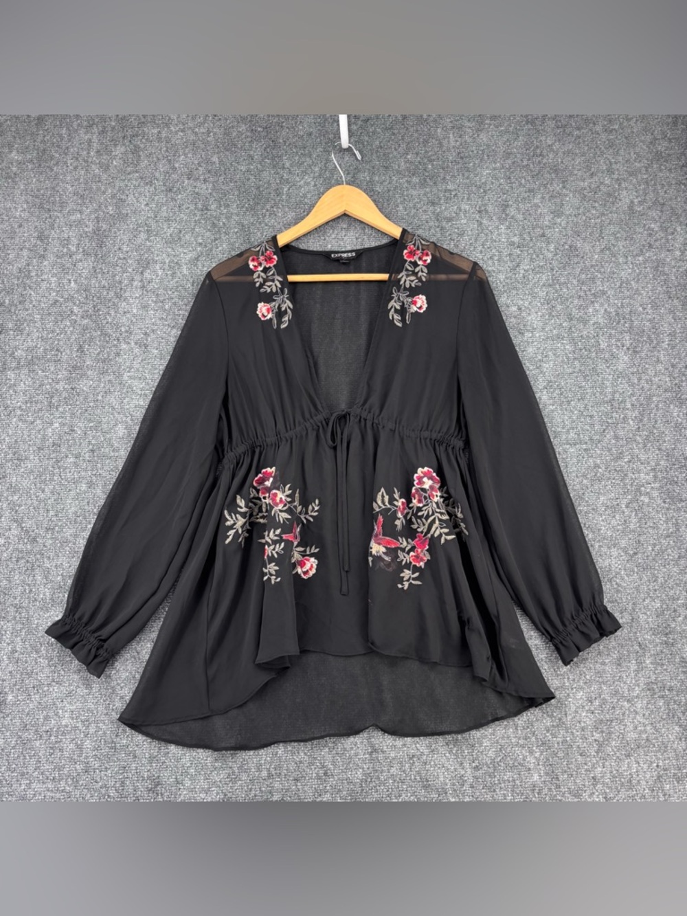 Express Black Sheer Tunic Top Embroidered Women’s M Dark Romantic Fairy Boho